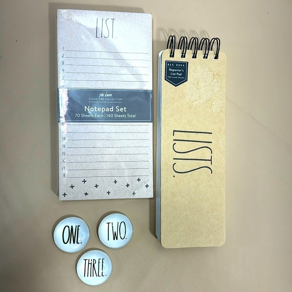 NWOT Bundle of Rae Dunn notepad set  list booklet and three fridge magnets‌